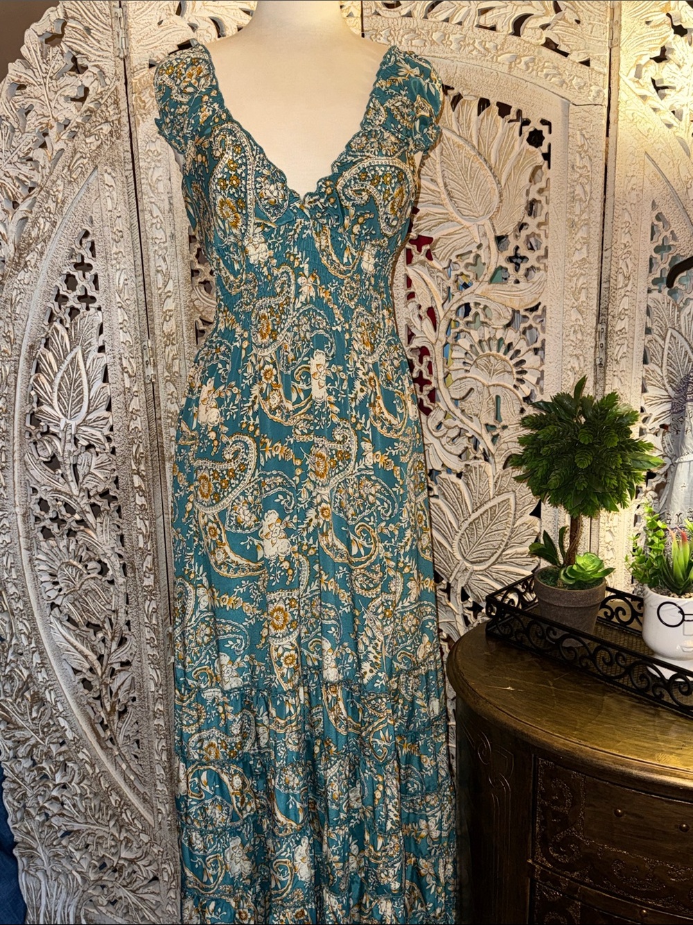 Cienna Teal Rosa Dress with Paisley Maxi Dress with Smocked Bodice